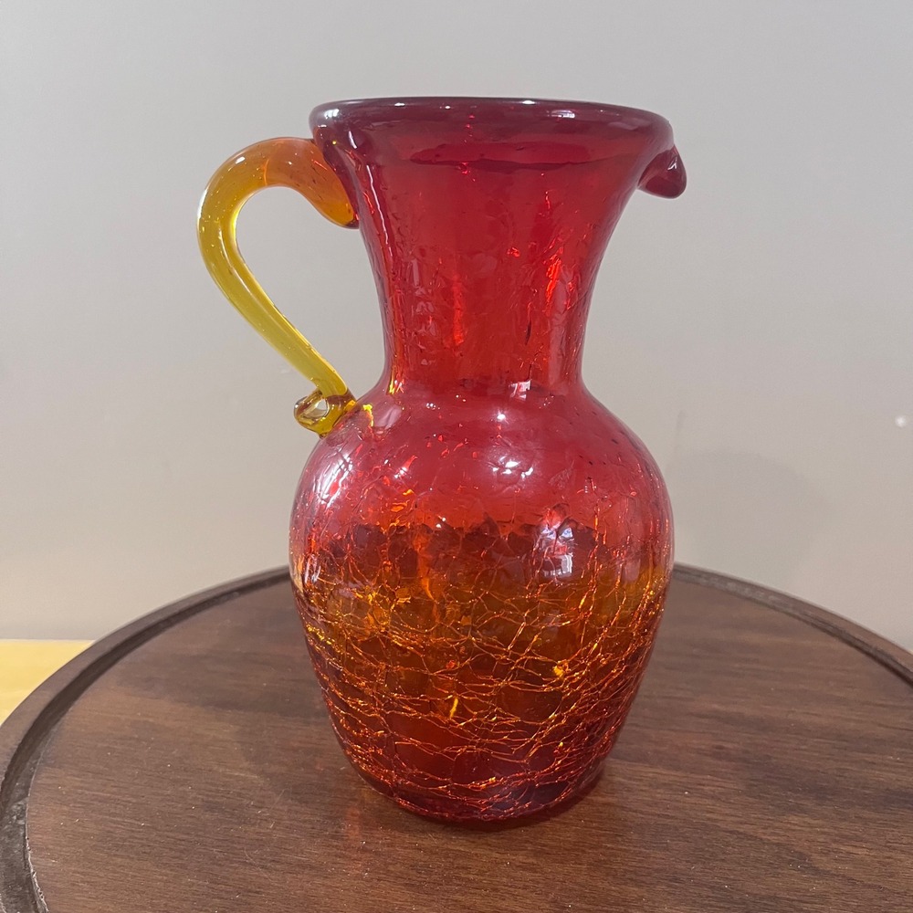 Vtg Pilgrim Amberina Crackle Glass Pitcher MCM Ruby Red‎ Orange Glow Cadmium